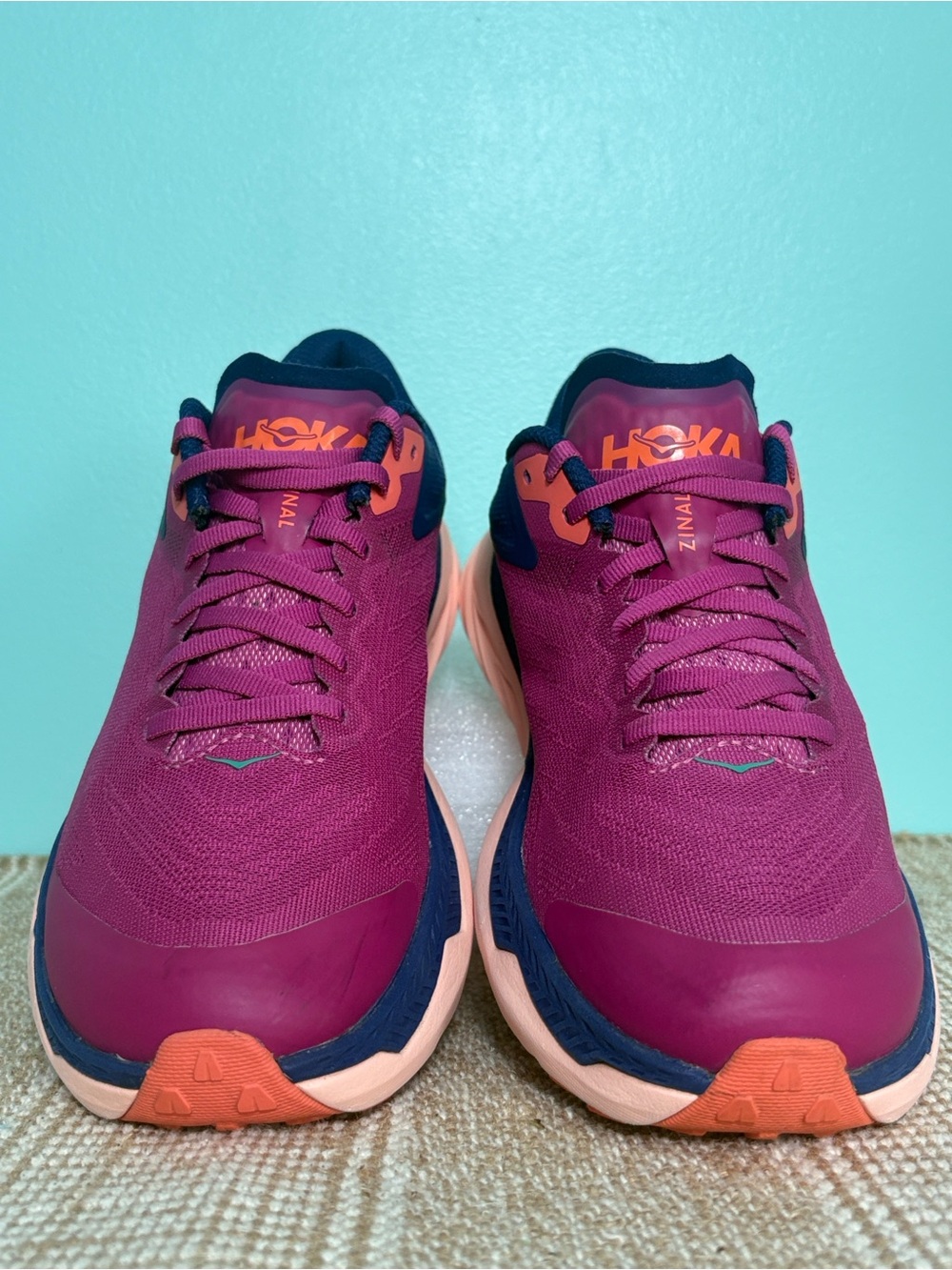Hoka Women's Zinal Trail Running Shoe. Fuchsia/Navy Blue/Orange Accents. Size-7